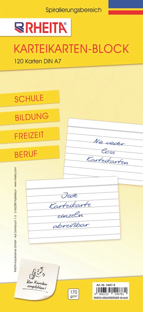 Rheita Karteikartenblock Karteikarten