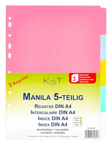 TSI K3T Register 5tlg Trennblätter 3er Pack A4 pastell