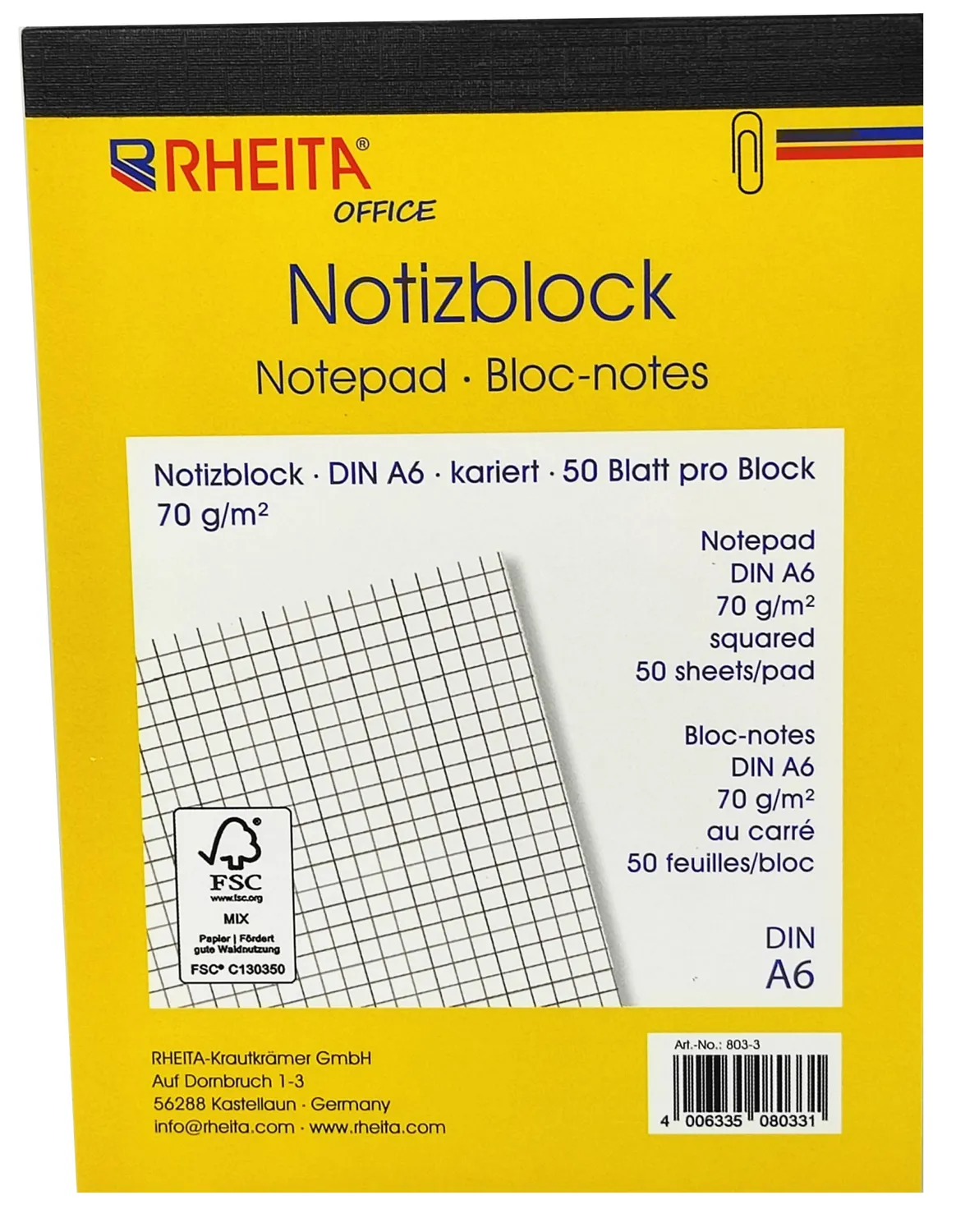 RHEITA Notizblöcke kariert 4er Pack 50 Blatt FSC