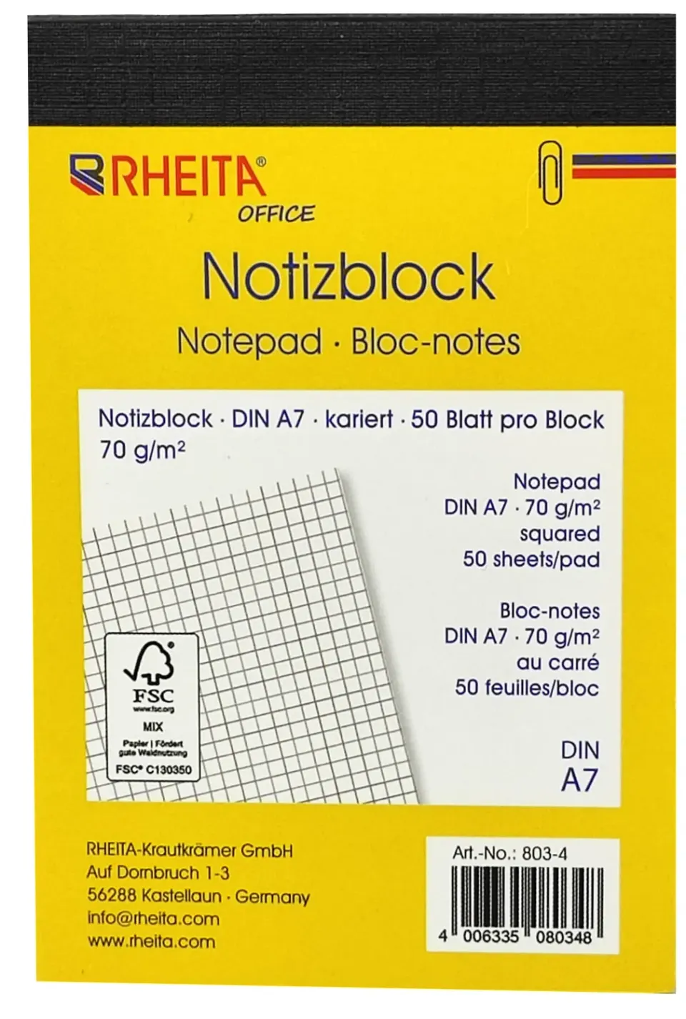 RHEITA Notizblöcke kariert 4er Pack 50 Blatt FSC