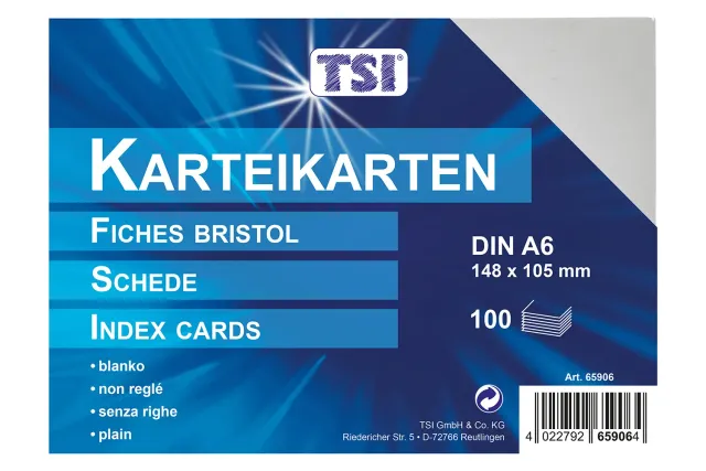 TSI Karteikarten DIN A6 blanko 100er Pack weiß