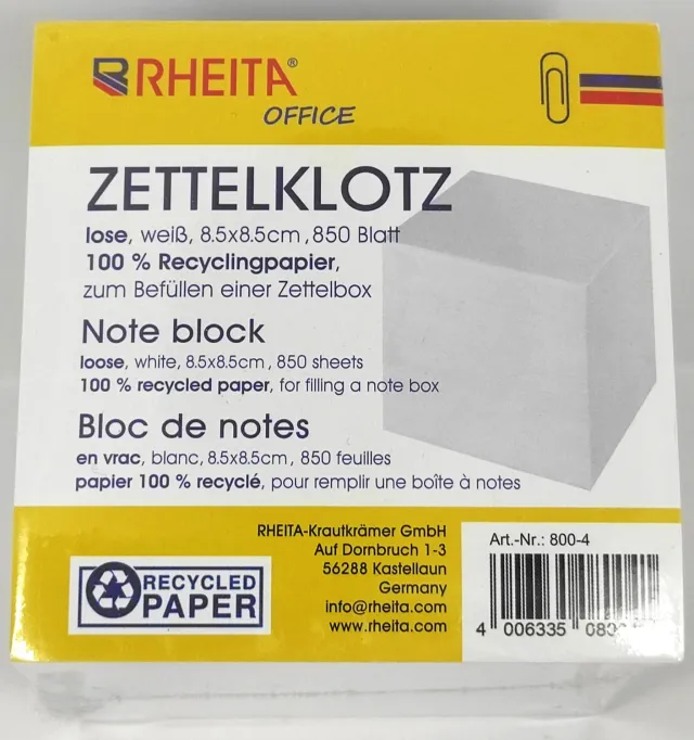 RHEITA Zettelklotz 8,5 x 8,5 cm weiß 850 Blatt Recyclingpapier