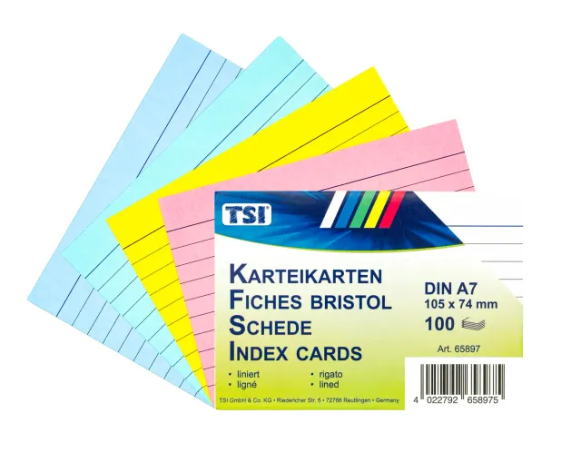 TSI Karteikarten DIN A7 liniert 100 Stück farbig sortiert