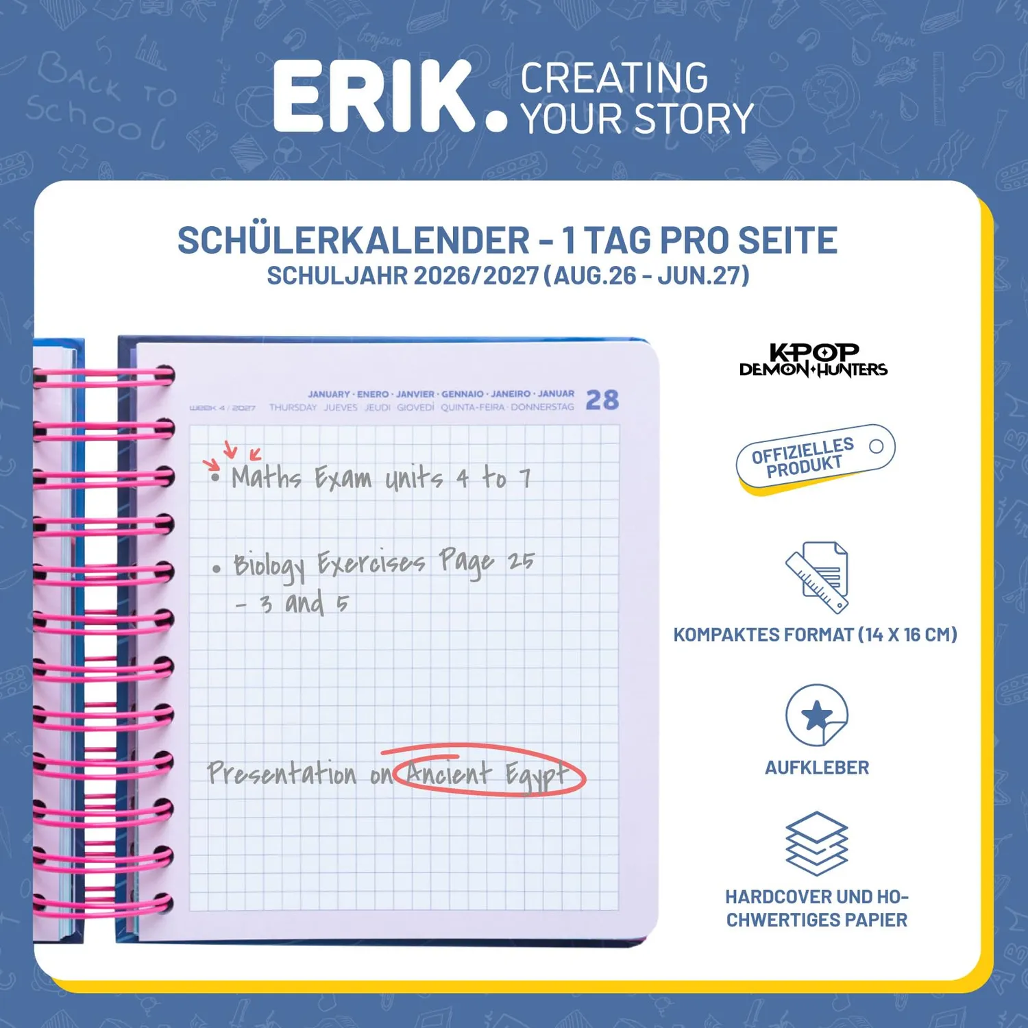 Erik Hausaufgabenheft 2026/2027 Schulplaner Ringbuch