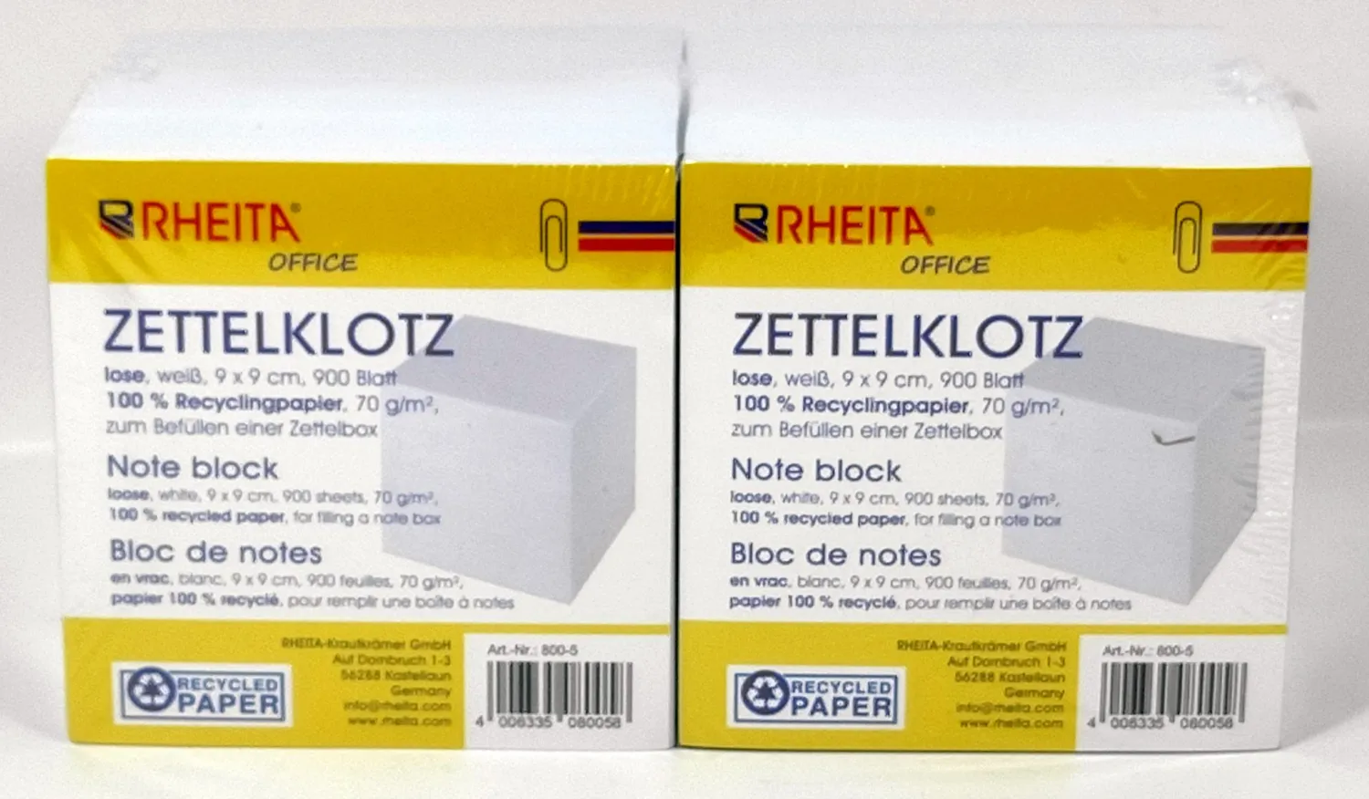 RHEITA Zettelklotz 8,5 x 8,5 cm weiß 850 Blatt Recyclingpapier