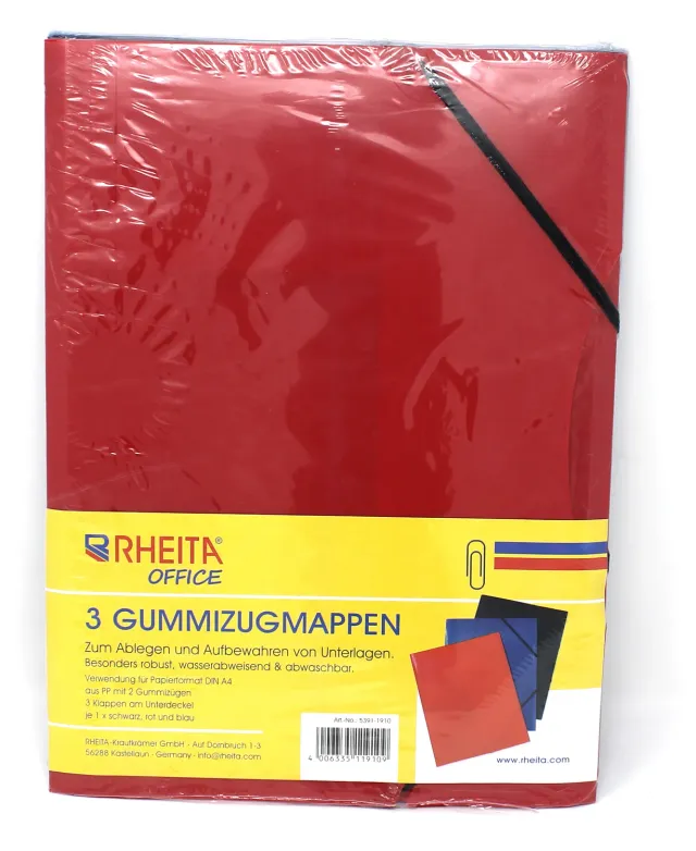 RHEITA Gummizugmappe A4 PP 3er Set rot schwarz blau