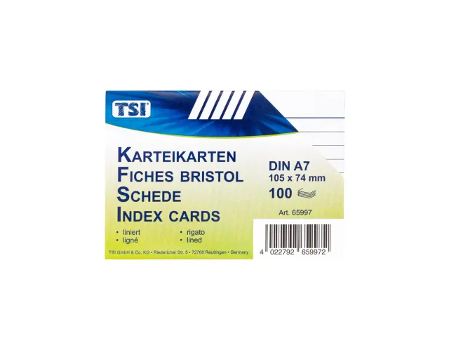 TSI Karteikarten DIN A7 100er Pack liniert weiß