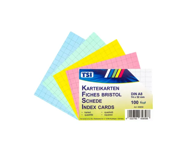 TSI 65858 Karteikarten kariert 100er Pack bunt