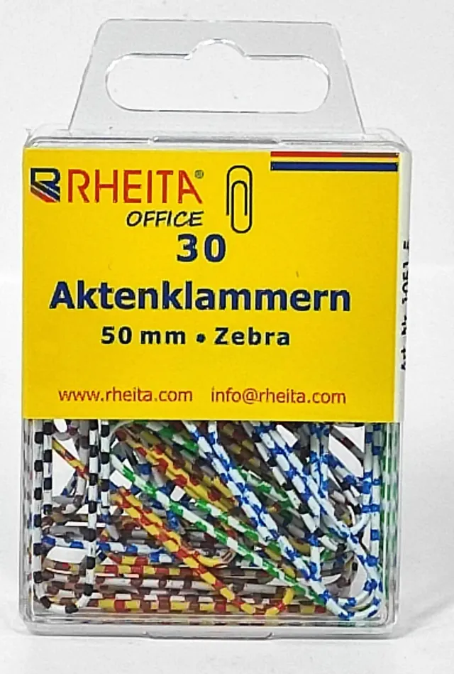 RHEITA Aktenklammern 50 mm Zebra 30 Stück Klarsichtbox