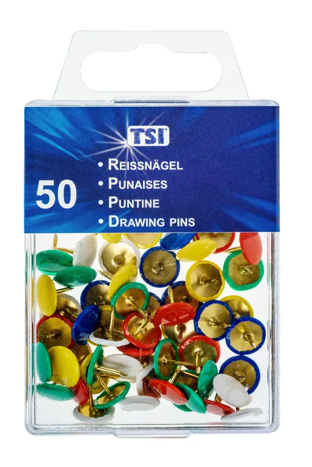 TSI Reißnägel farbig 50er Pack Messing mit Box