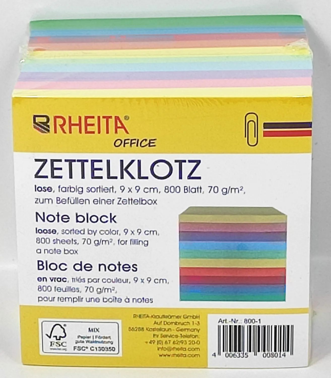 RHEITA Zettelklotz 9 x 9 cm, 800 Blatt FSC