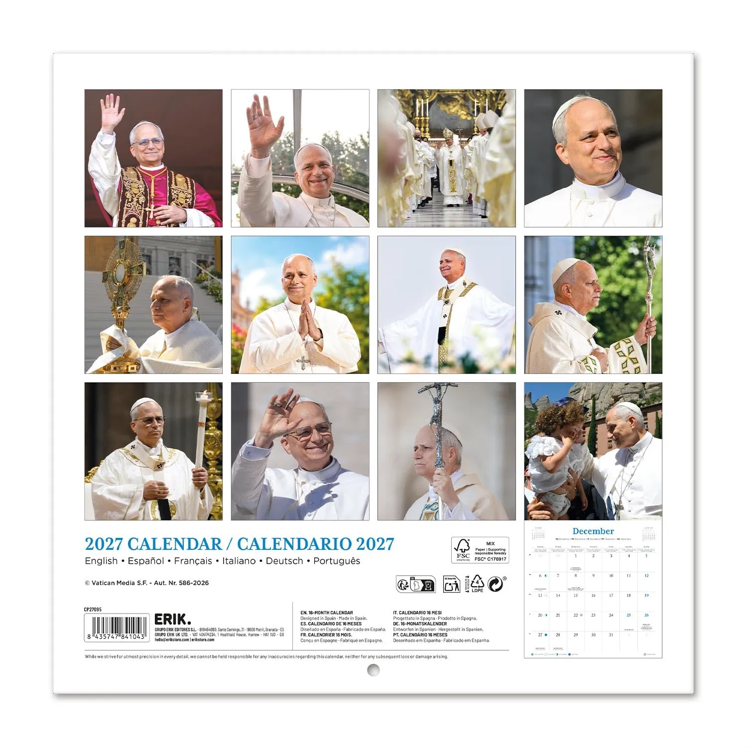 Erik Papst Leo XIV. Kalender 2027 Wandkalender 16 Monate