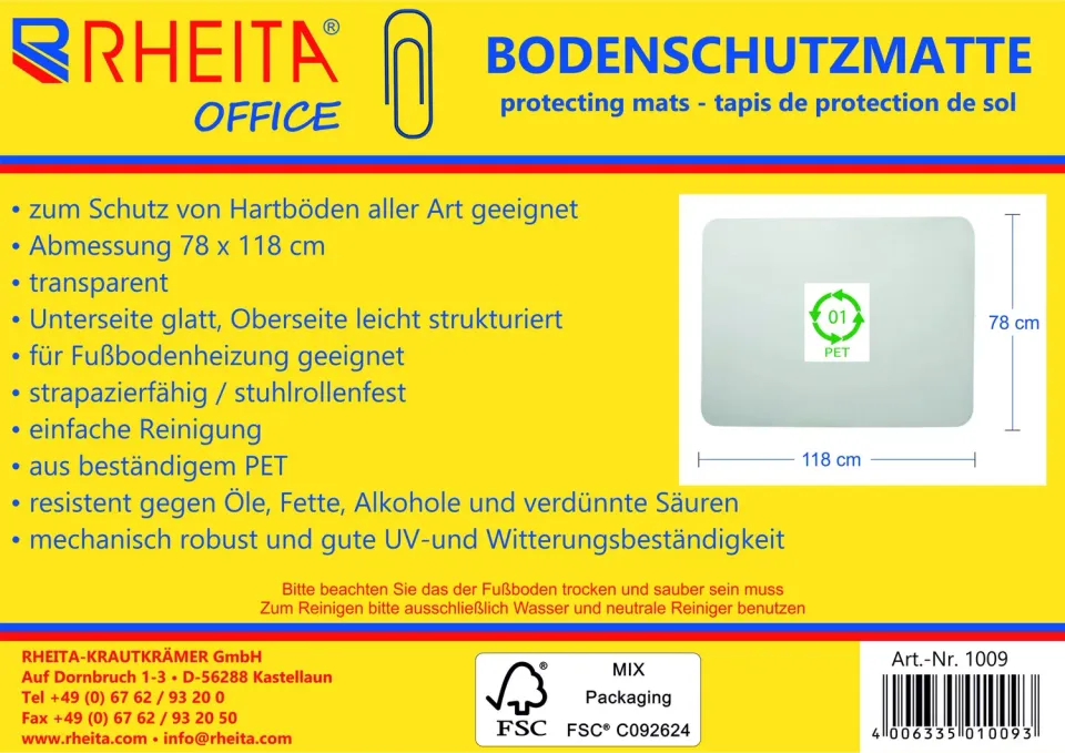 RHEITA Bodenschutzmatte 78x118 cm transparent PET