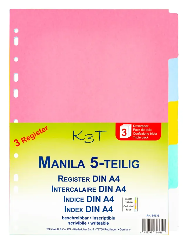 TSI K3T Register 5tlg Trennblätter 3er Pack A4 pastell