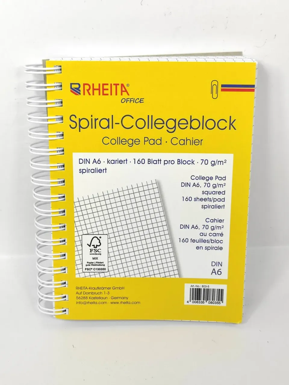 RHEITA Spiral-Collegepad DIN A6 kariert 160 Blatt FSC-Papier