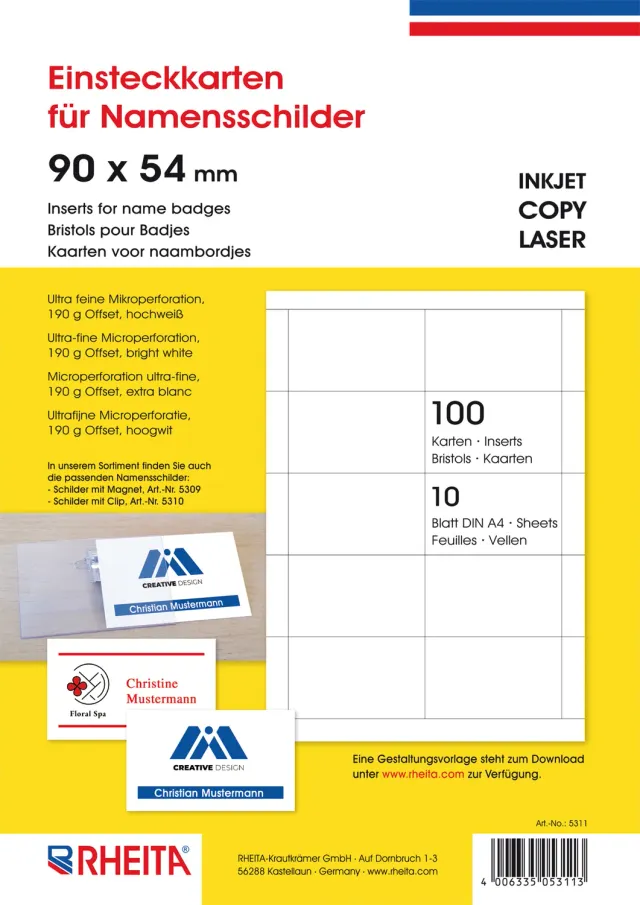 Rheita Einsteckkarten Namensschilder weiß 85x54 mm 100 Stück