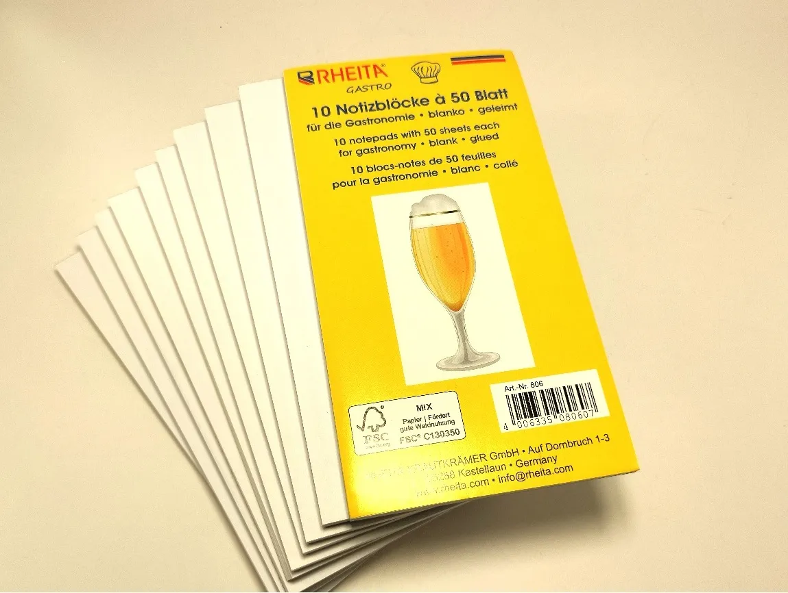 RHEITA Gastronomieblock blanko, 7 x 15 cm, 50 Blatt, 10 Stück