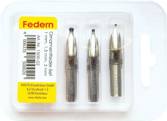 RHEITA Federnset 1 mm 1,5 mm 3 mm Ornamentfedern 3 Stück Box