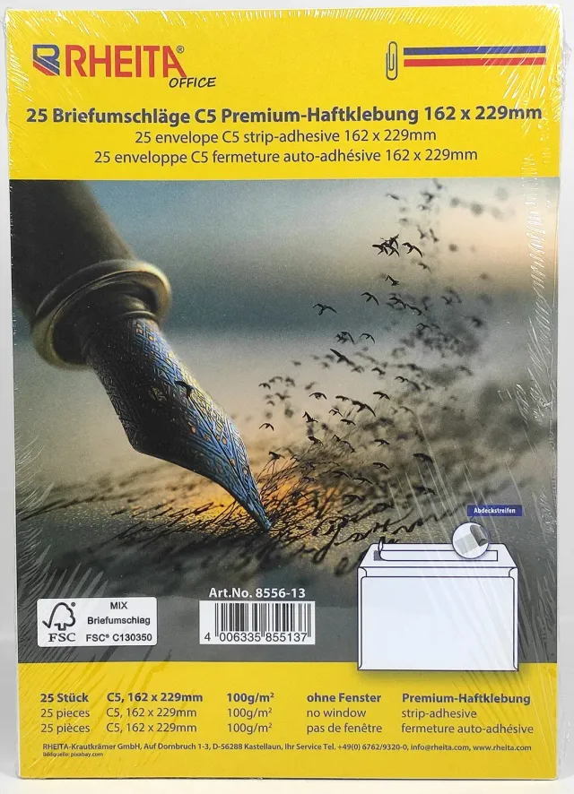 RHEITA Premium Briefumschlag C5 ohne Fenster weiß 25 Stück FSC