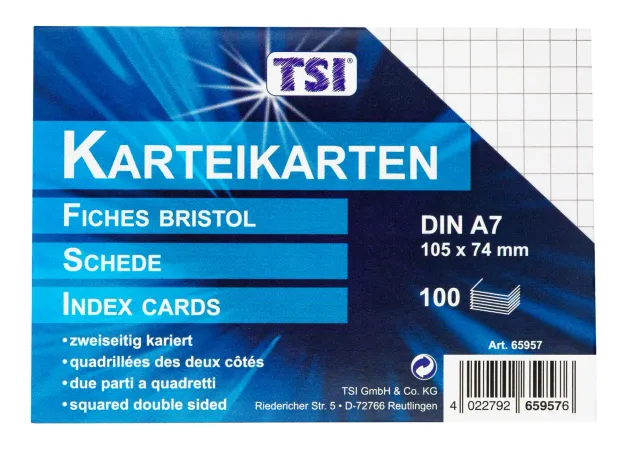 TSI 65957 Karteikarten kariert DIN A7 100 Stück weiß